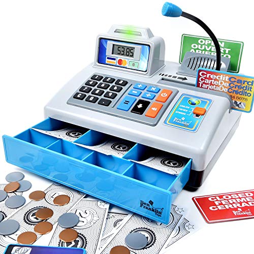 SilverGray - Ben Franklin Toys Talking Cash Register Kit with 3 Language Learning Paging Microphone Play Money Store S