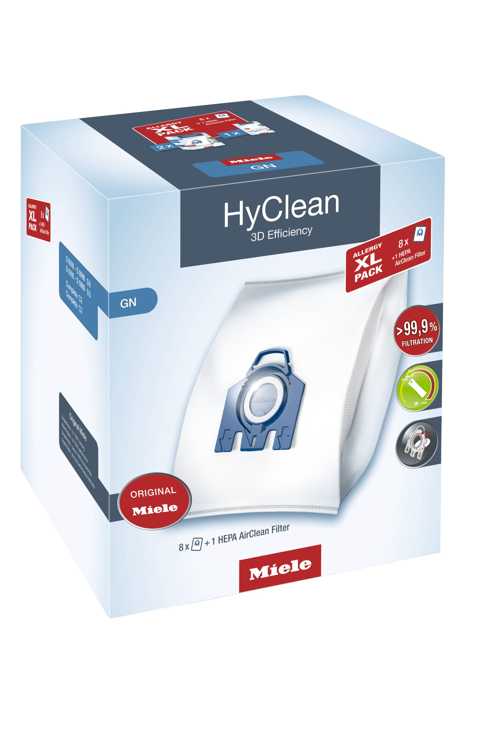 Miele XL Pack - 8x Miele Hyclean 3D GN Vacuum Bags 1 Miele Hepa Filter SF-HA 50