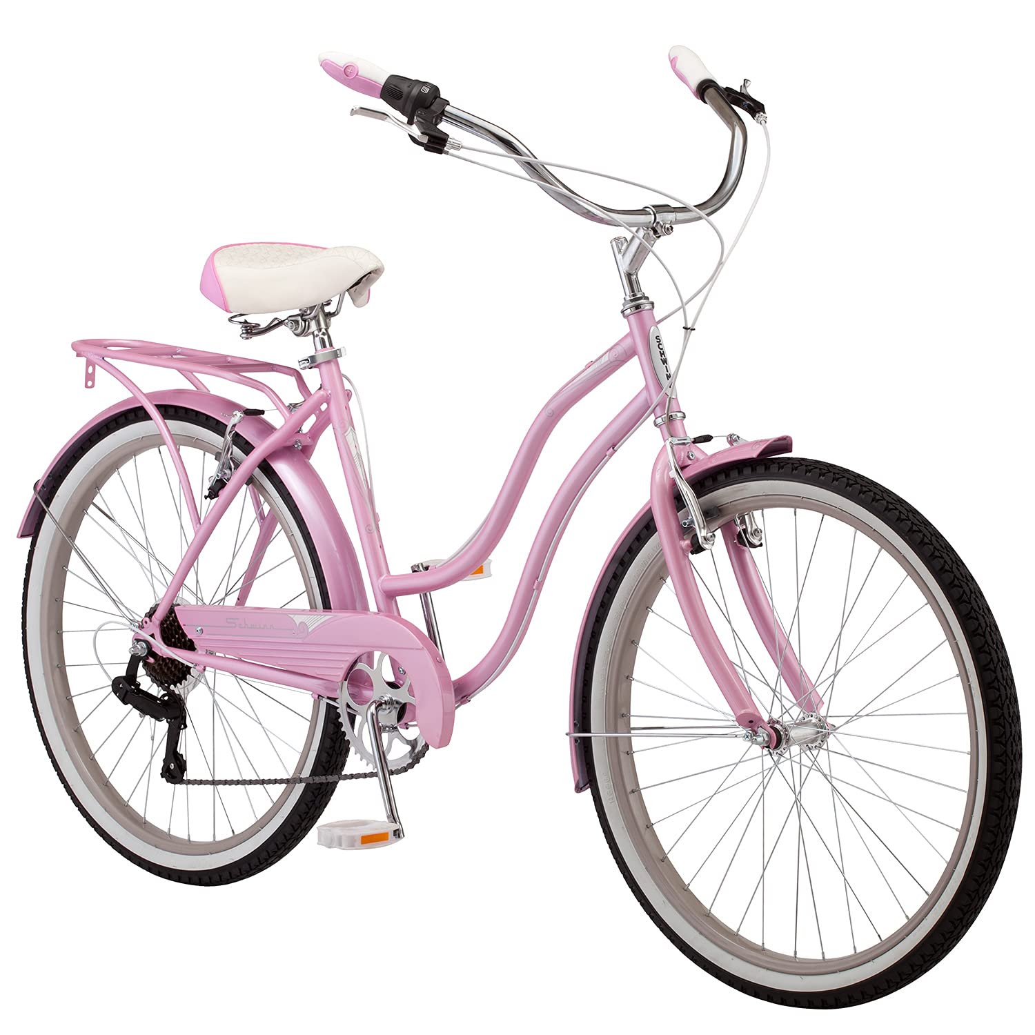 Schwinn Perla Women39s Cruiser Bicycle Featuring 18-Inch Step-Through Steel Frame and 7-Speed Drivetrain with Front and R