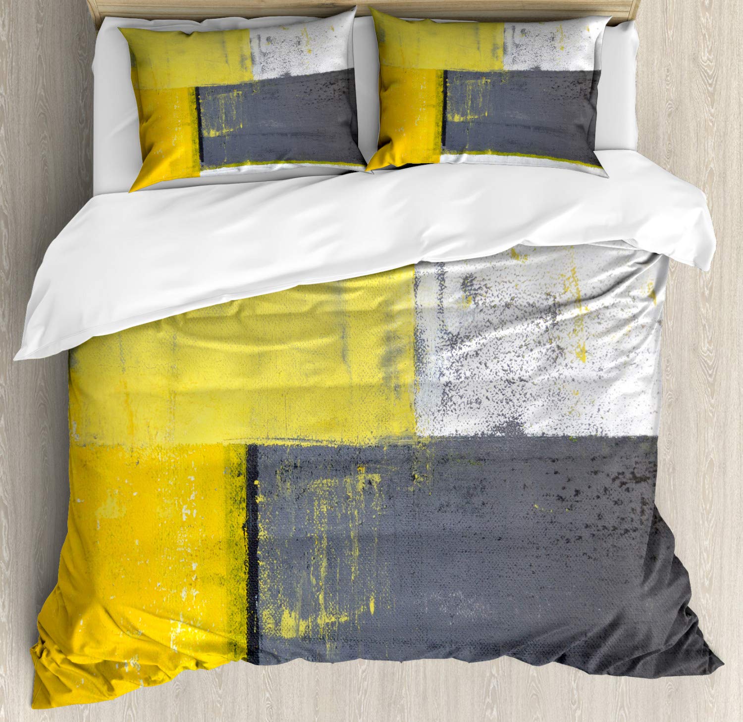 FULL QUEEN Multi 1 - Grey and Yellow Duvet Cover Set by Ambesonne Street Art Modern Grunge Abstract Design Squares 3 P