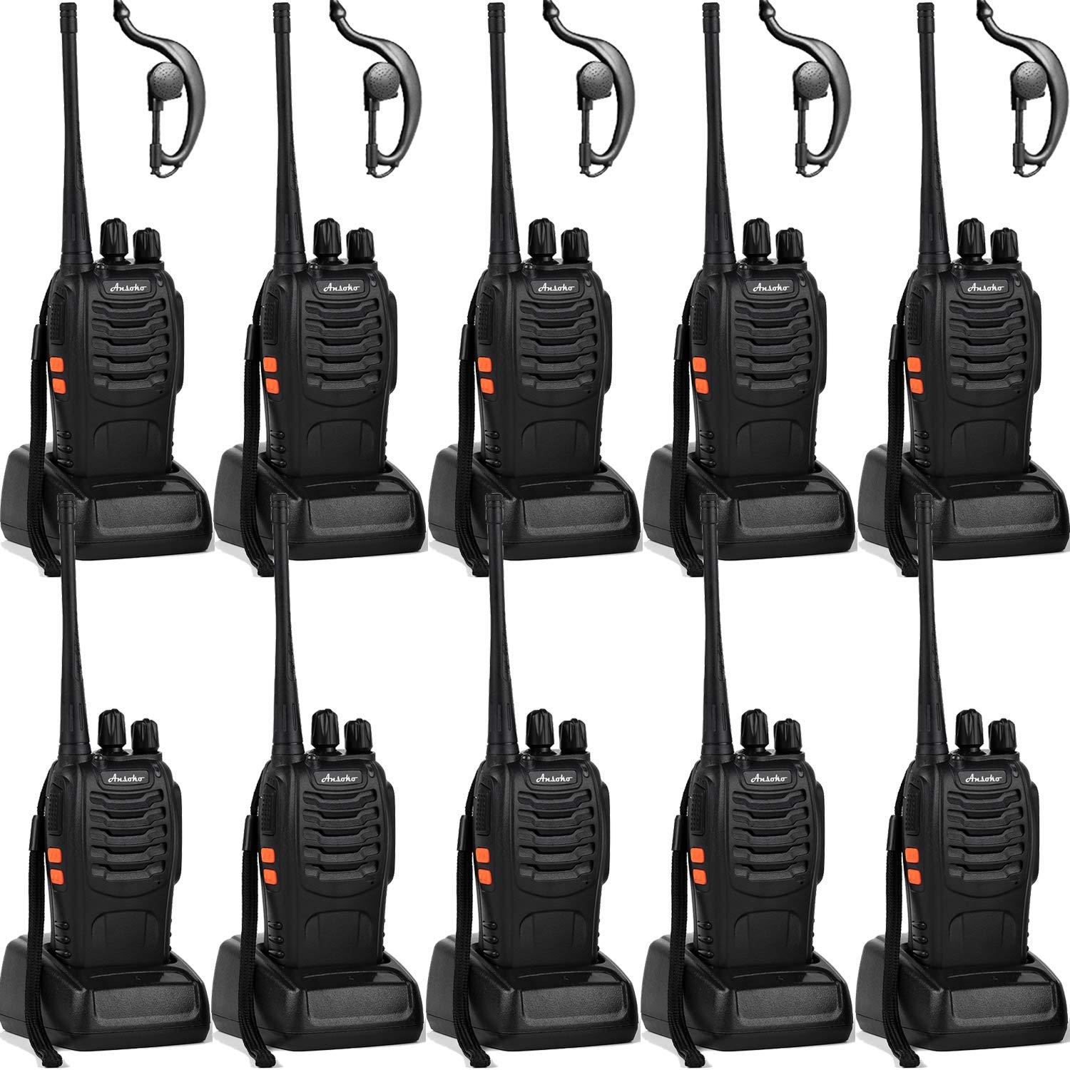 Ansoko Walkie talkies 10 Pack Long Range Rechargeable 2 Way Radio UHF 16-Channel with Earpiece Li-ion Battery and Charger Pa