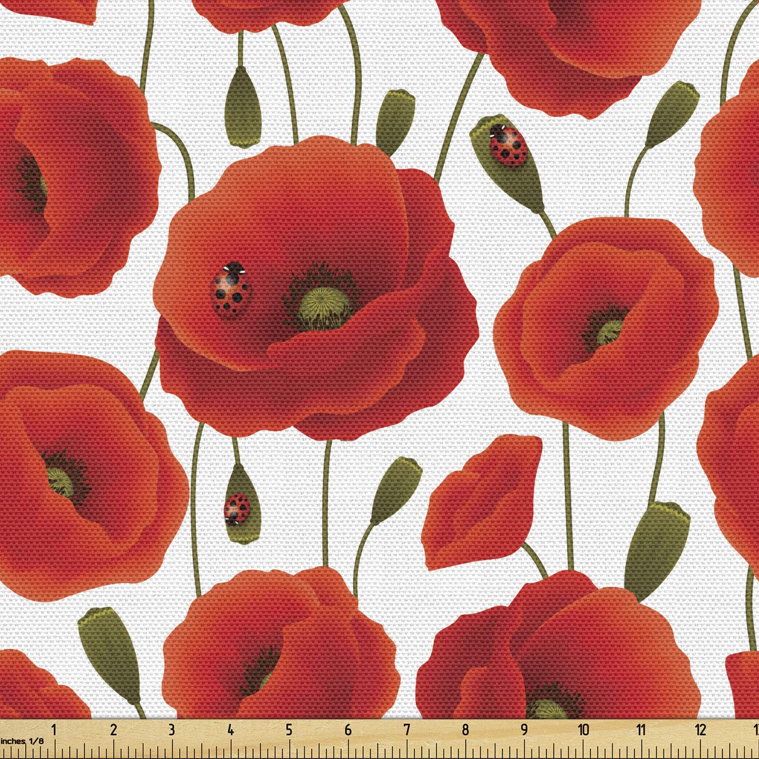 Ambesonne Poppy Flower Fabric by The Yard Springs Ladybugs Animals and Plants Flora Fauna Nature Decorative Fabric for Upho