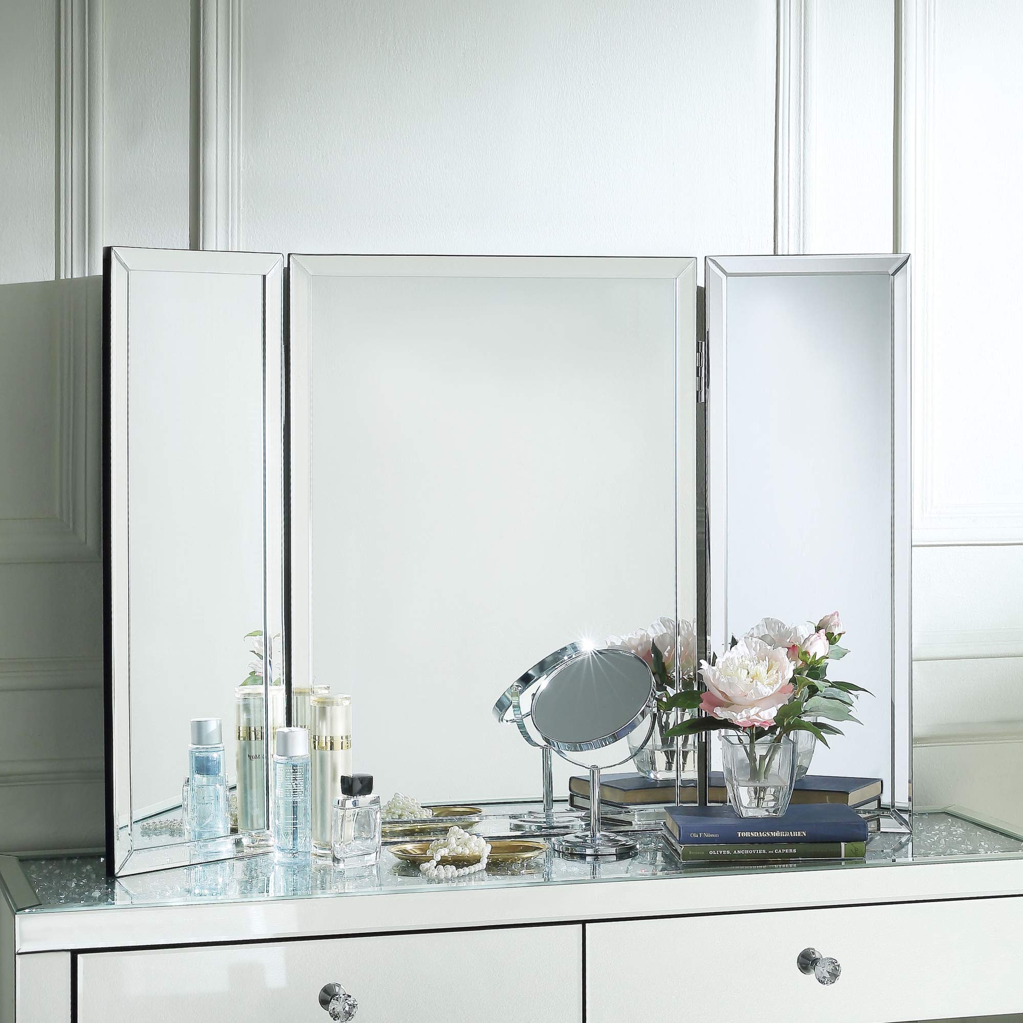 Inspired Home Tabletop Vanity Mirror - Design Tanith Tri-fold Mirrored Frame Free Standing or Wall Mounted 28 x 39