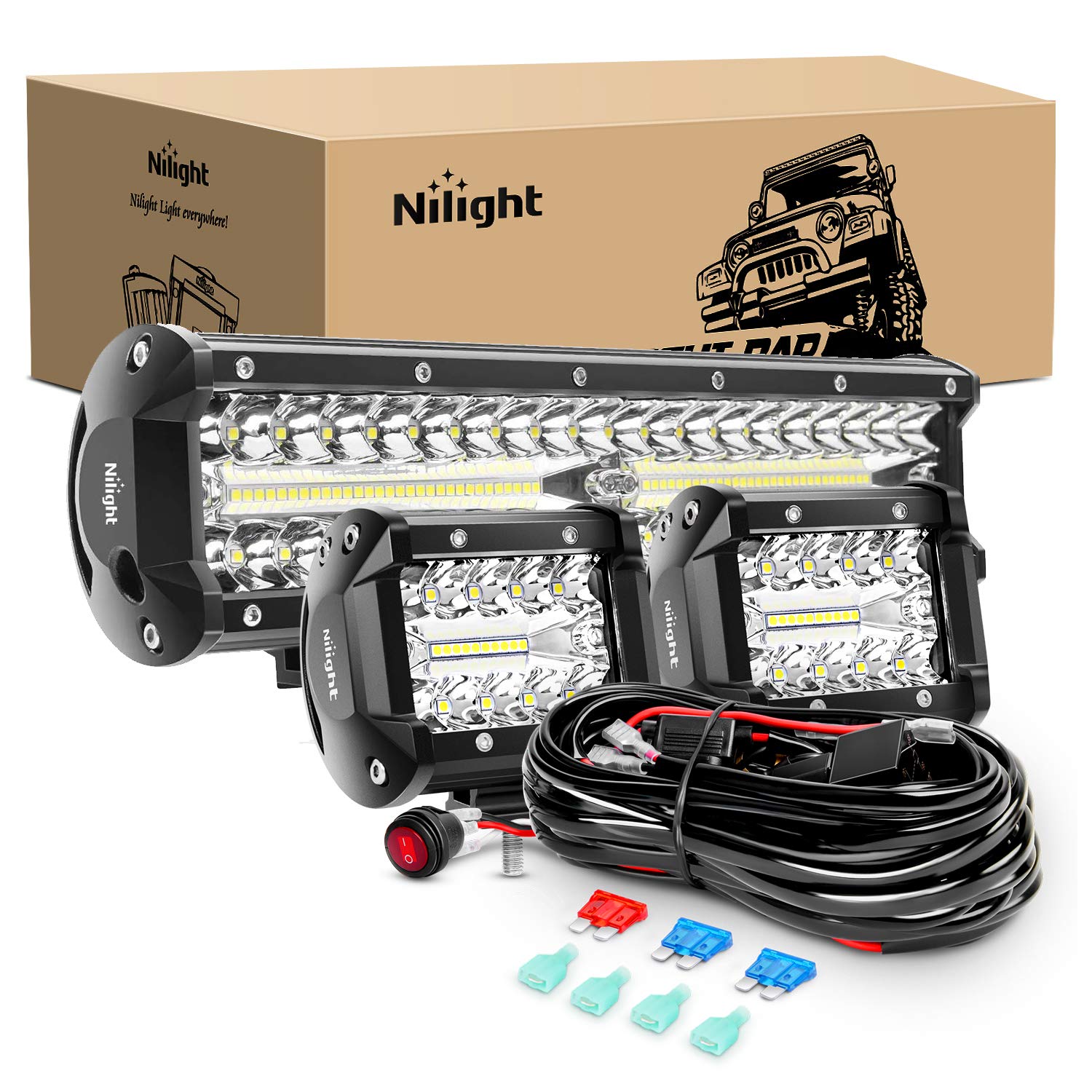 Nilight LED Light Bar Set 12 Inch 300W Triple Row Spot Flood Combo Work Driving Lamp 2 Pcs 4 inch 60 W Triple Row Flood Spo