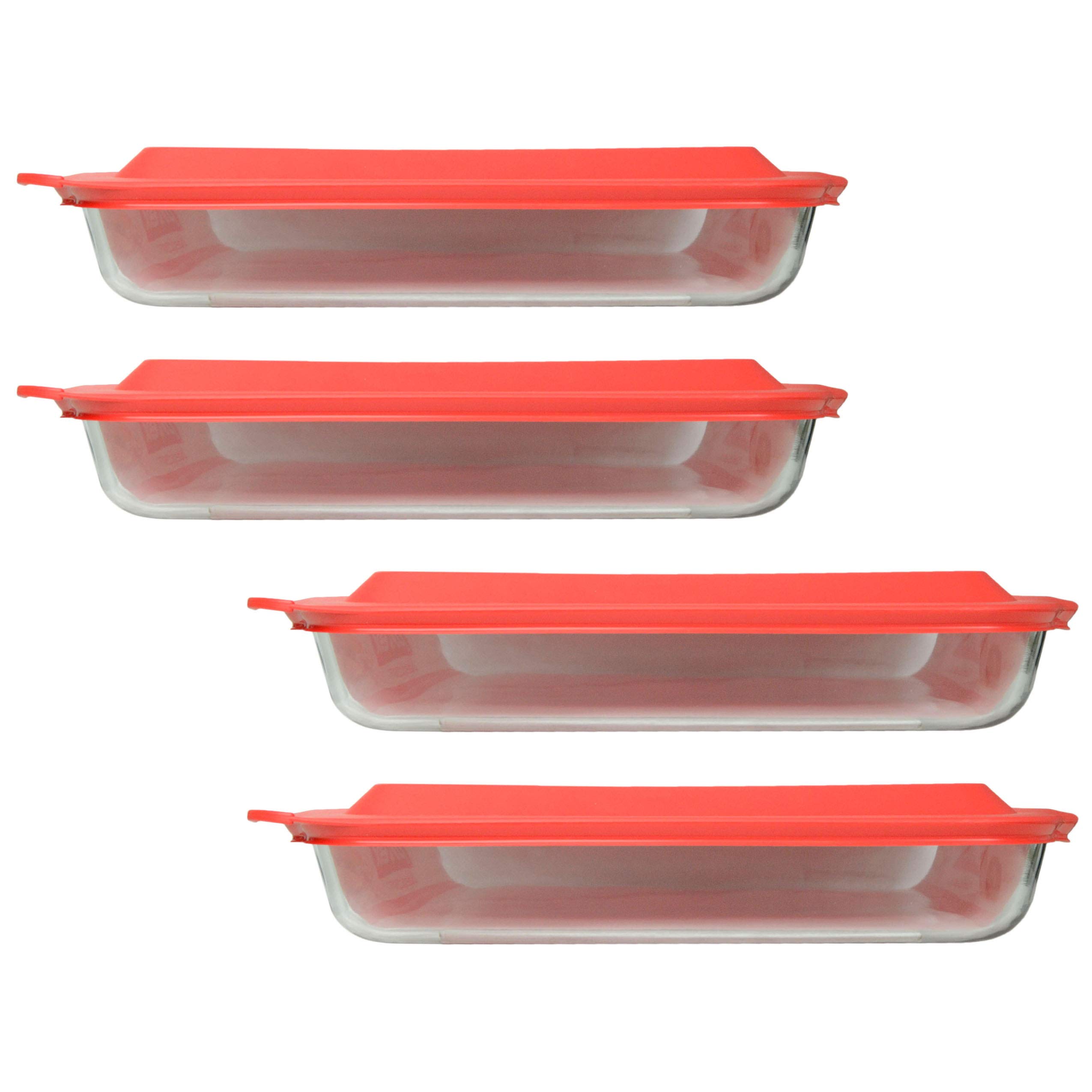 Pyrex 4 233 Oblong Rectangle Clear Glass Casserole Baking Dishes 4 233-PC Red Lids Made in the USA