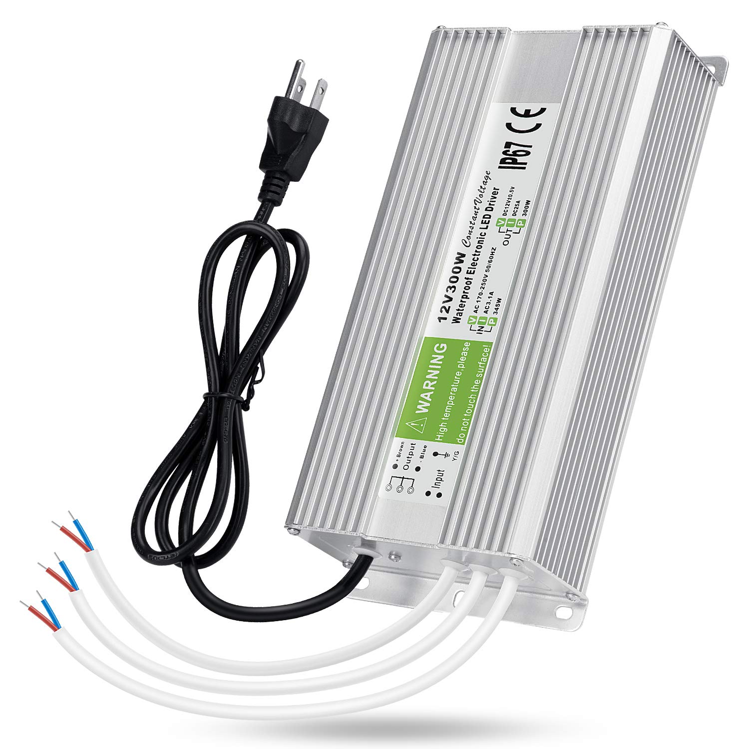 LEDMO IP67 Power Supply 300 Watts DC12V 25A ACDC Driver Transformer Adapter Low Voltage Output with 3-Prong Plug 3.3 Feet Ca