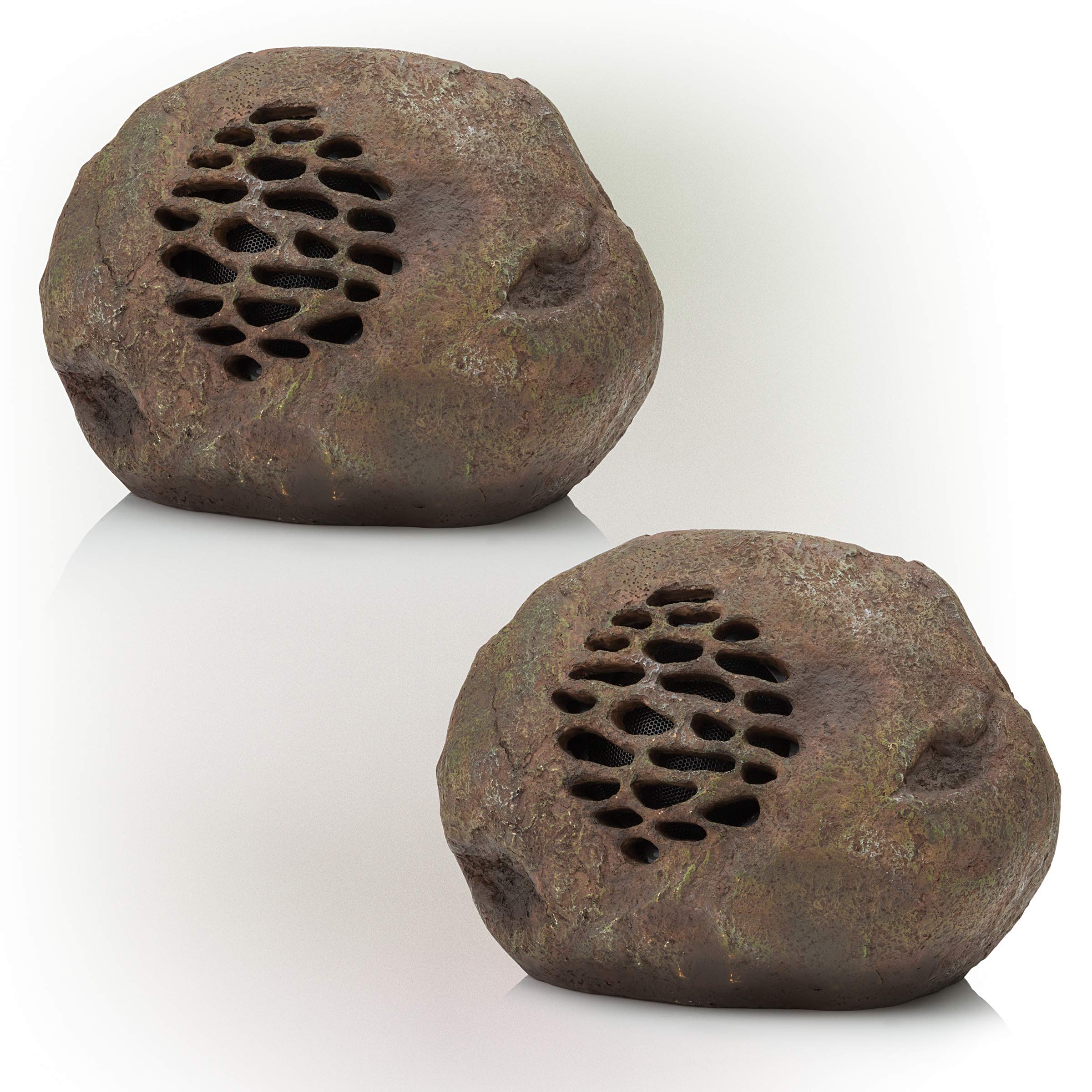 Alpine Corporation Weather-Resistant Bluetooth Solar-Powered Outdoor Wireless Rock Speaker Set of 2 Brown