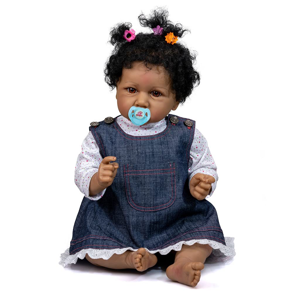 Realistic Full Body Silicone Reborn Baby Dolls Black Girl 22inch Lifelike Handmade African American Weighted Baby Doll Brown