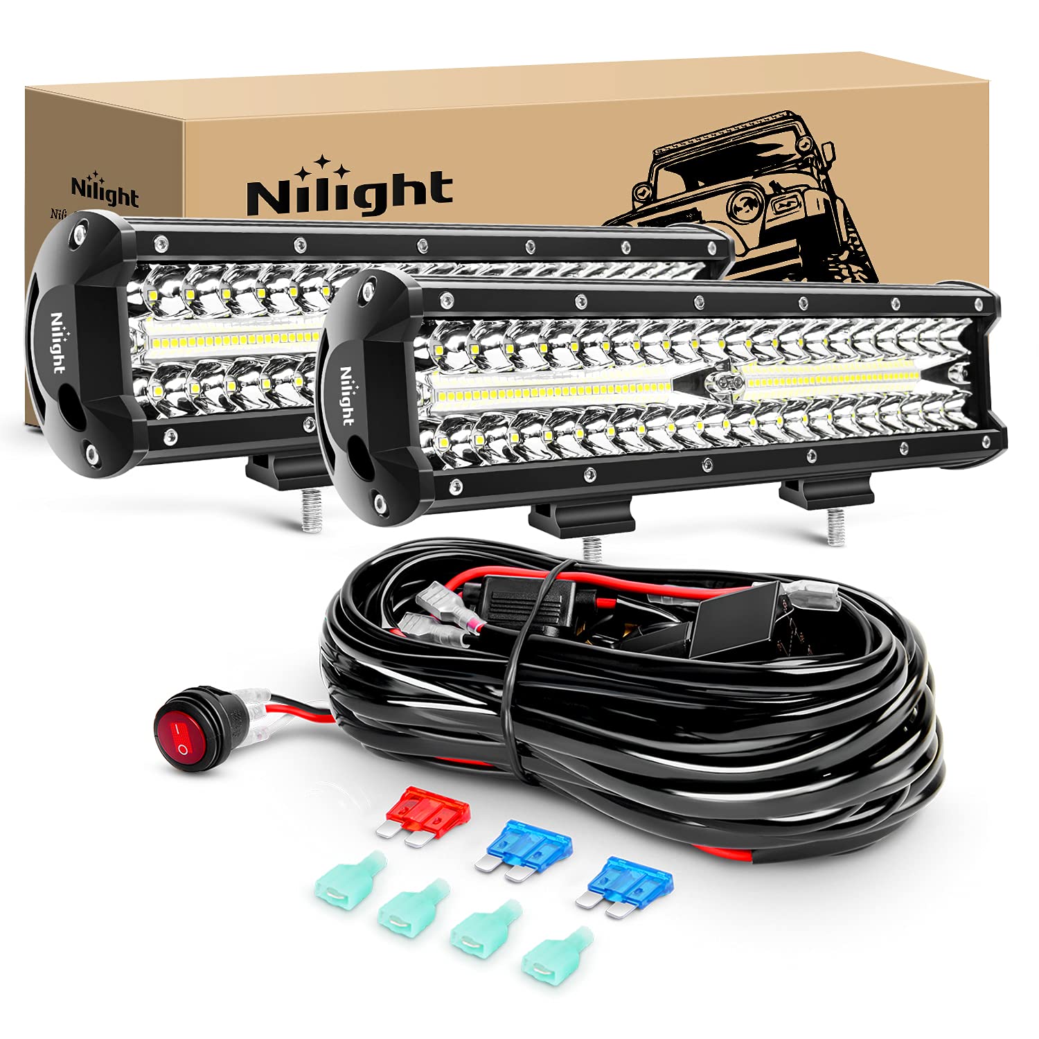Nilight LED Light Bar 2Pcs 12 Inch 300W Triple Row Flood Spot Combo 30000LM Driving Led Off Road Lights with Off Road Wiring