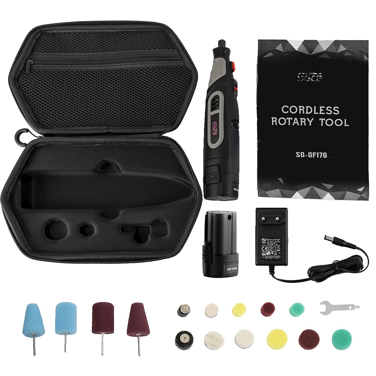 SGCB 20Pcs Powerful Mini Detail Polisher Kit - Cordless Rotary Tool 12V Li-ion Battery IVT 5000-25000 RPM Micro Auto Detail