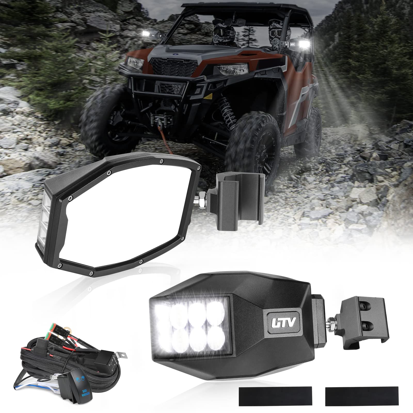 UTV Side Mirrors ACEC SHOP Pro-Fit Side Mirrors Polaris Ranger General Rear View Mirrors with LED Light UTV Accessories Side