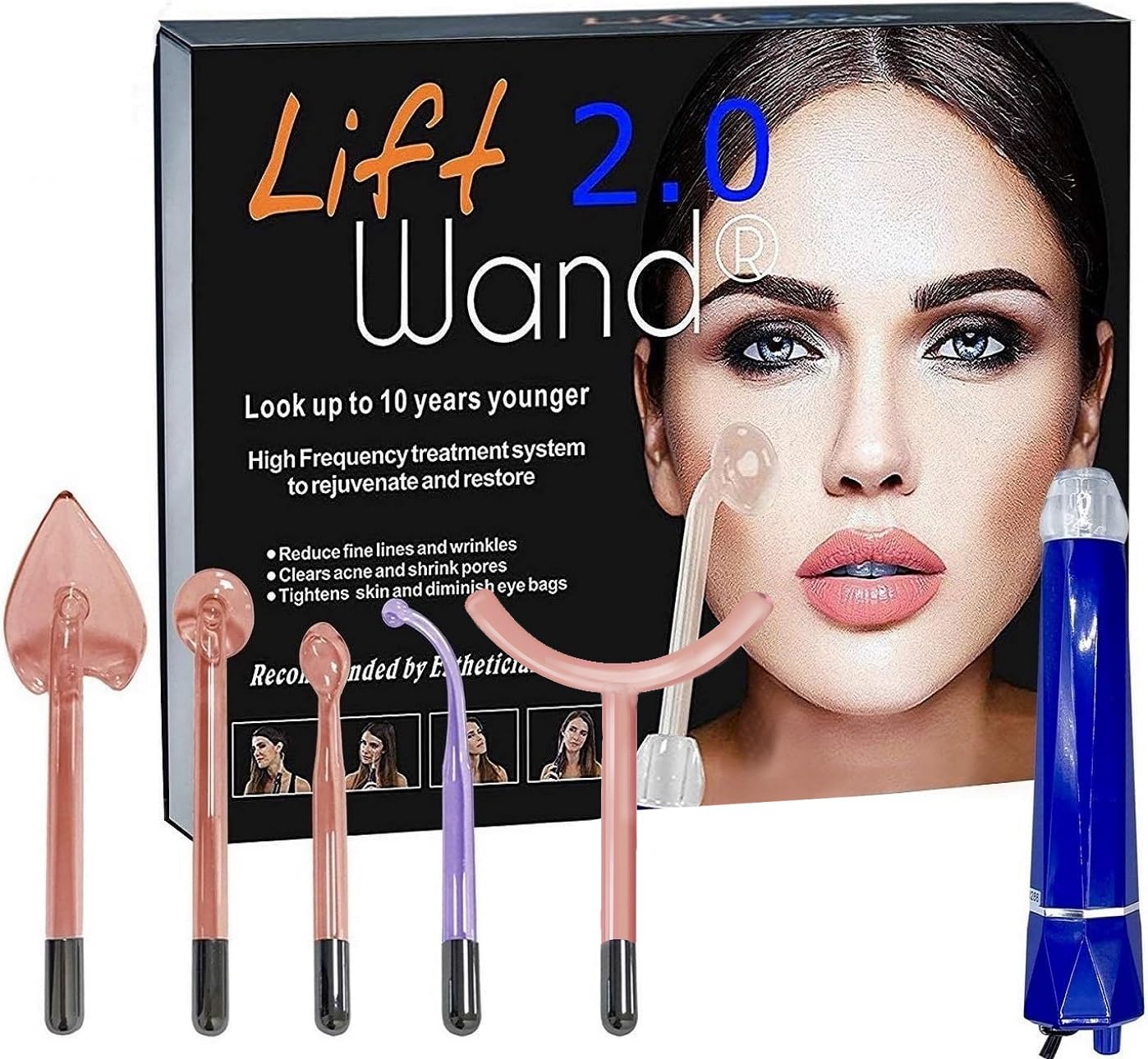 Lift Wand 2.0 Premium High Frequency Machine 5 Included Eletrodes Facial Anti-Aging Device w Exclusive Nose Attachment