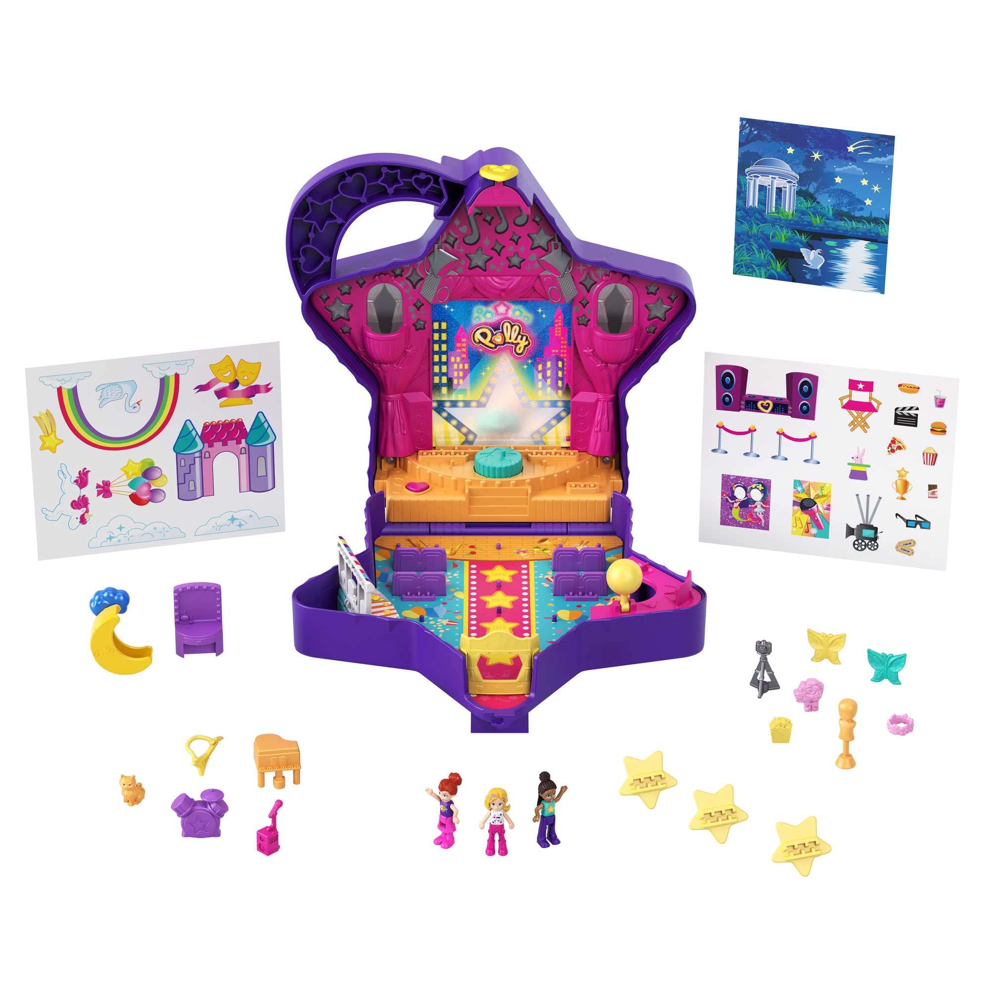 Polly Pocket Starring Shani Talent Show Compact 3 Micro Dolls Multiple Features 20 Play Pieces 25 Pop-Out Pieces Pop