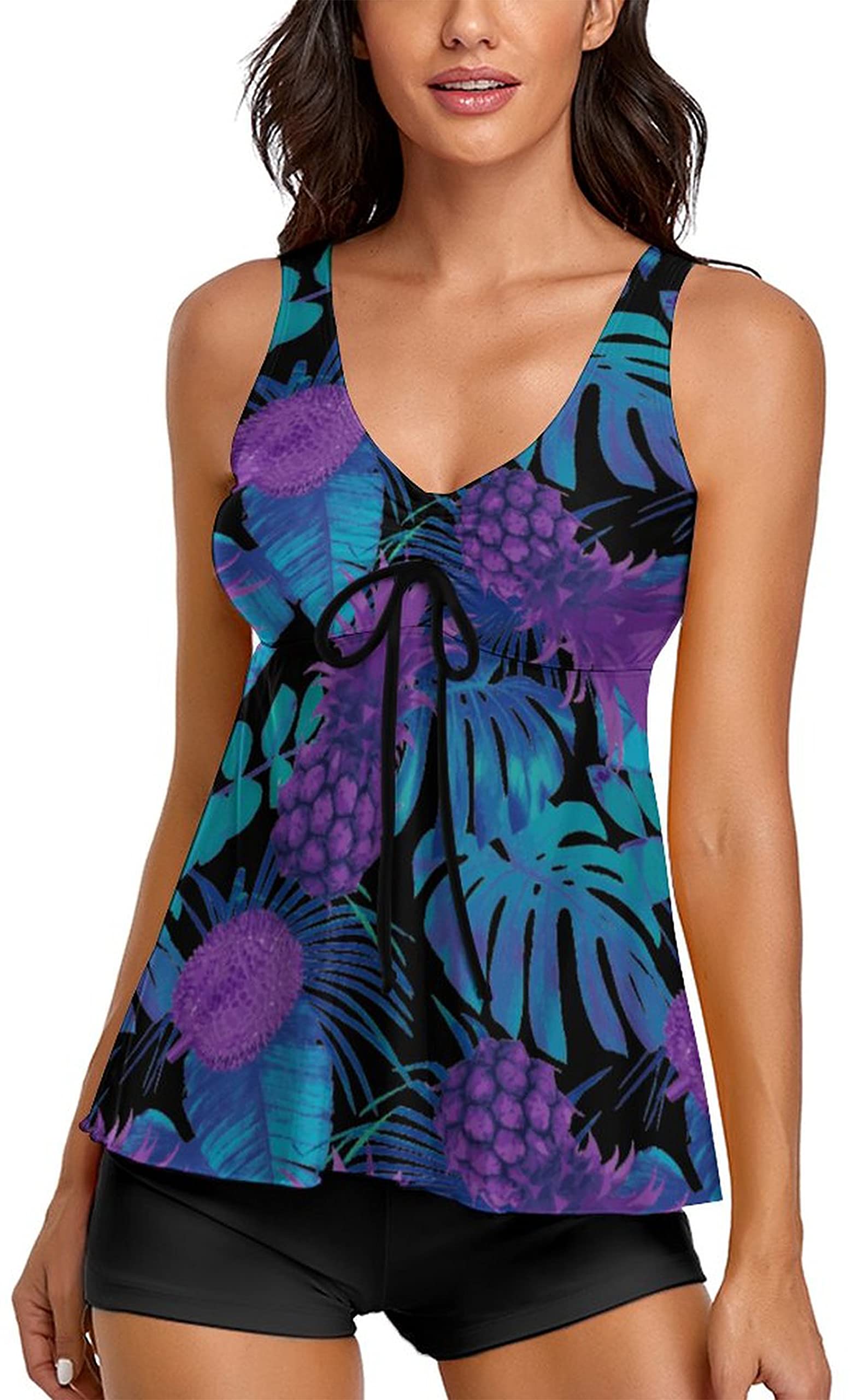 Omichic Women Modest Purple Pineapple Print Bathing Suits Two Piece Swimsuit Tankini Large