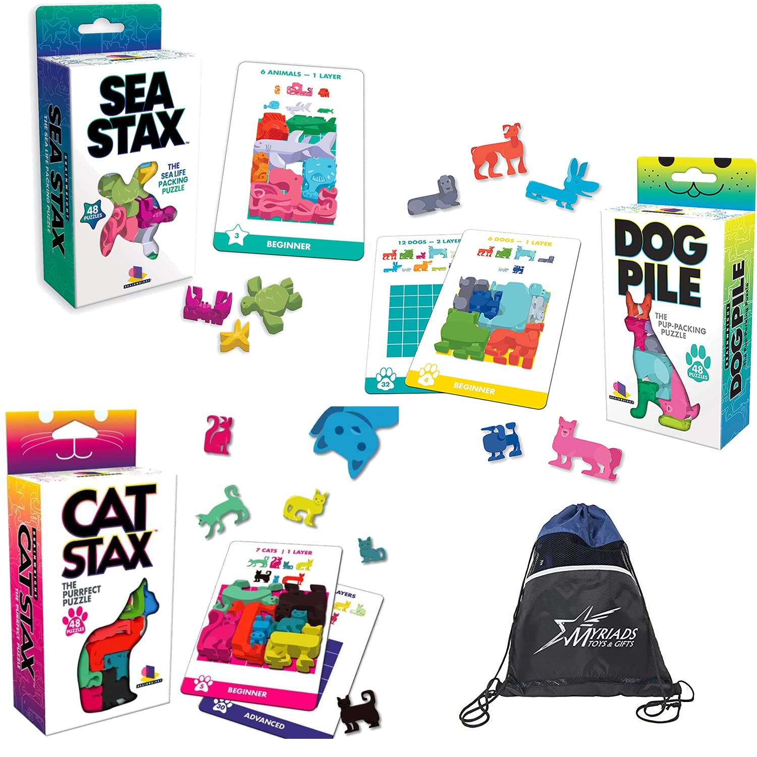 Brainwright Cat STAX The Perrfect Puzzle Dog Pile The Pup Sea STAX The Deep Sea Creature Shaped Pattern Puzzle Packing Gam
