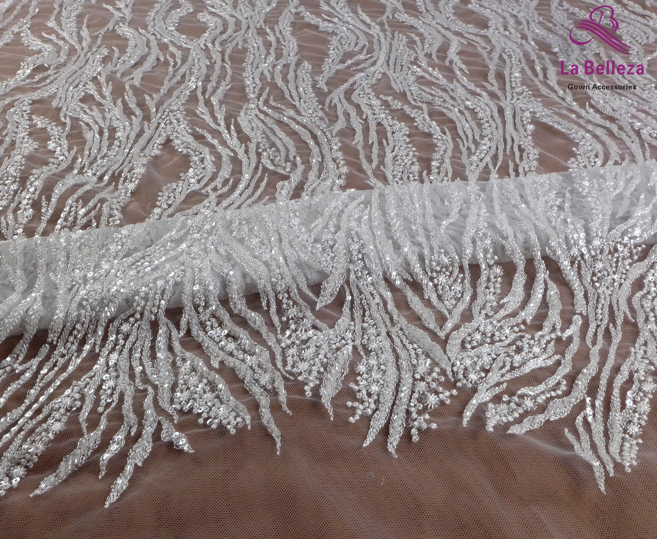 Popular La Belleza Beaded lace Fabric 51 Width Simple Irregular Curve Easy Cut for Wedding Dress or Cloth lace Fabric 2 Yard
