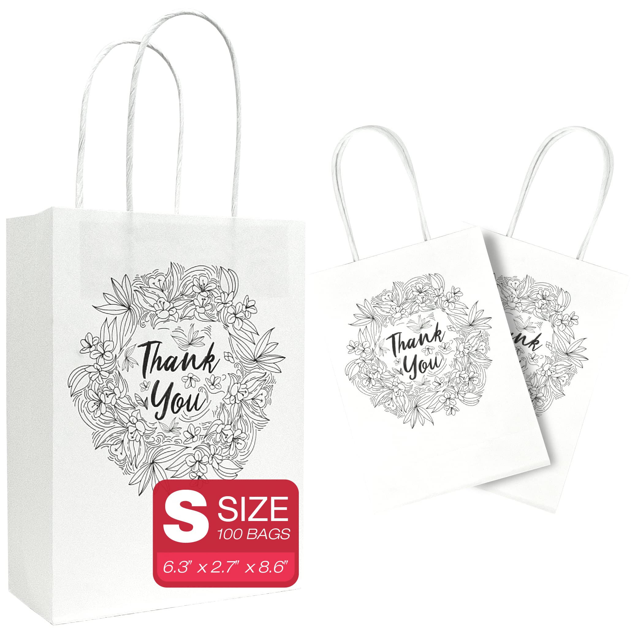 Small White Thank You Gift Bags for Small Business S Size100PCS by Tohoku Prime - 6.3x2.7x8.6 Floral Wreath Goody Bags