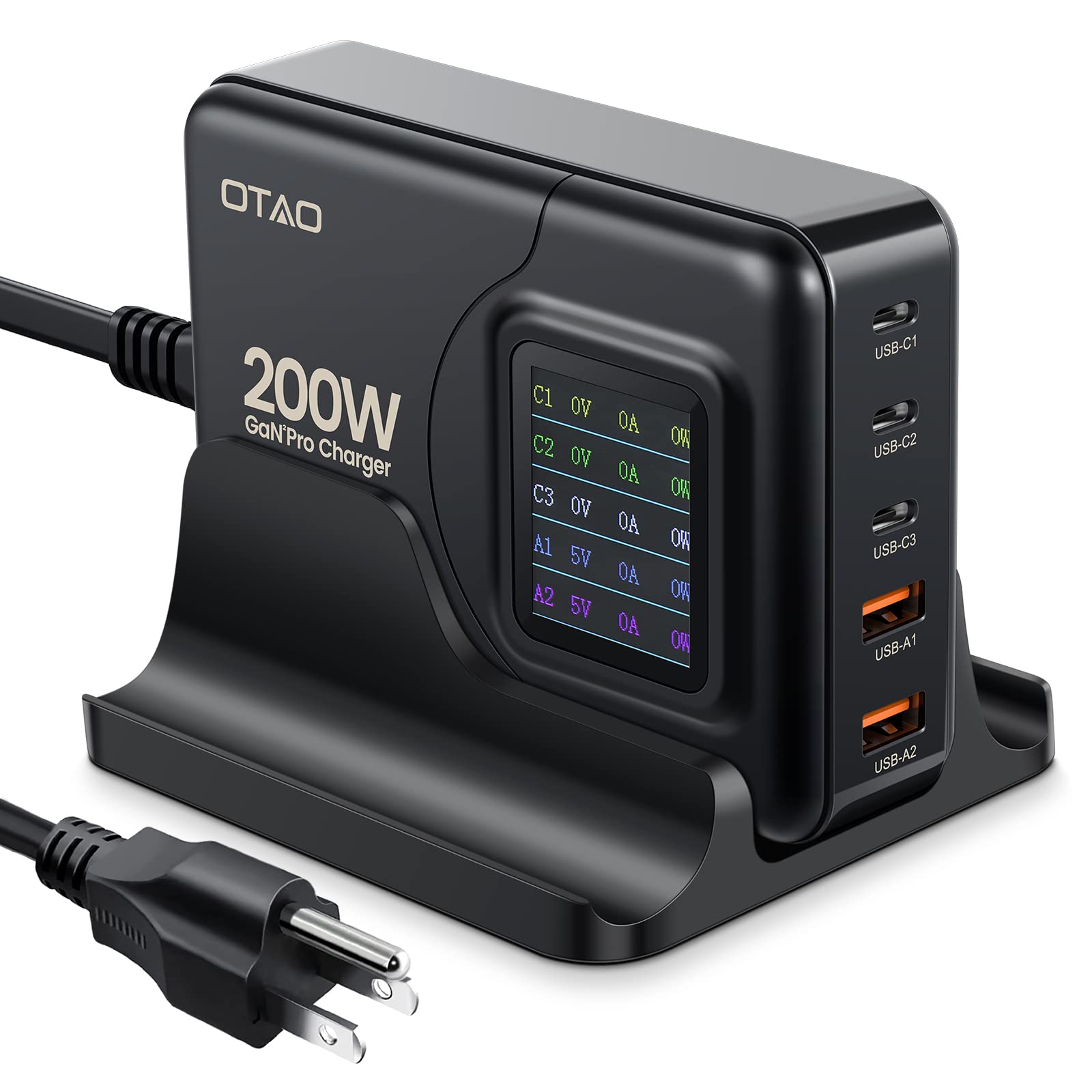 200W USB C Charger OTAO Desktop 5-Port GaN Charger with LCD Display PD 3.0 100WQC 3.0 22.5WPPS 45W Fast Charging Station