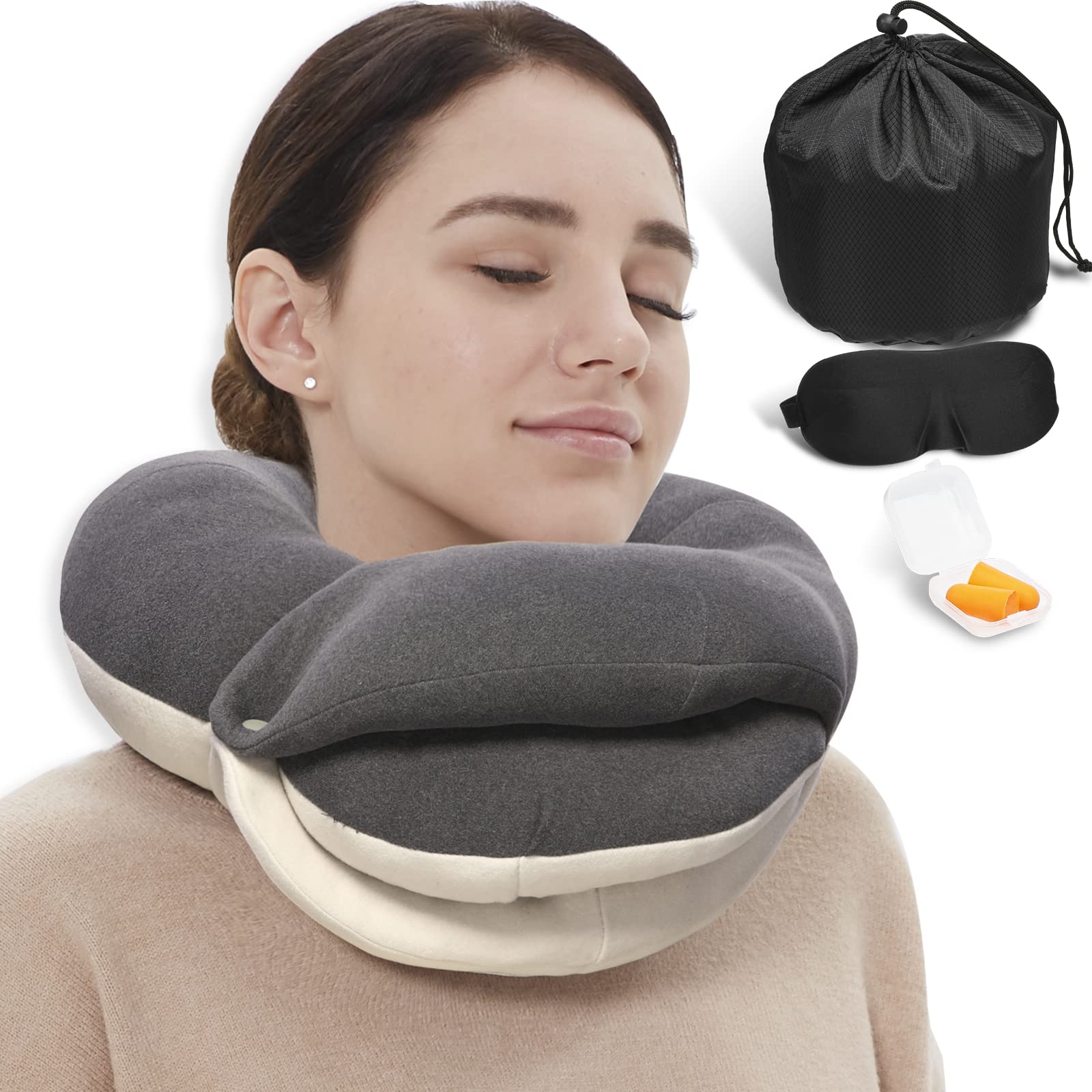 BUYUE Travel Neck Pillows for Airplanes 360 Head Support Sleeping Essentials for Long Flight Skin-Friendly Breathable
