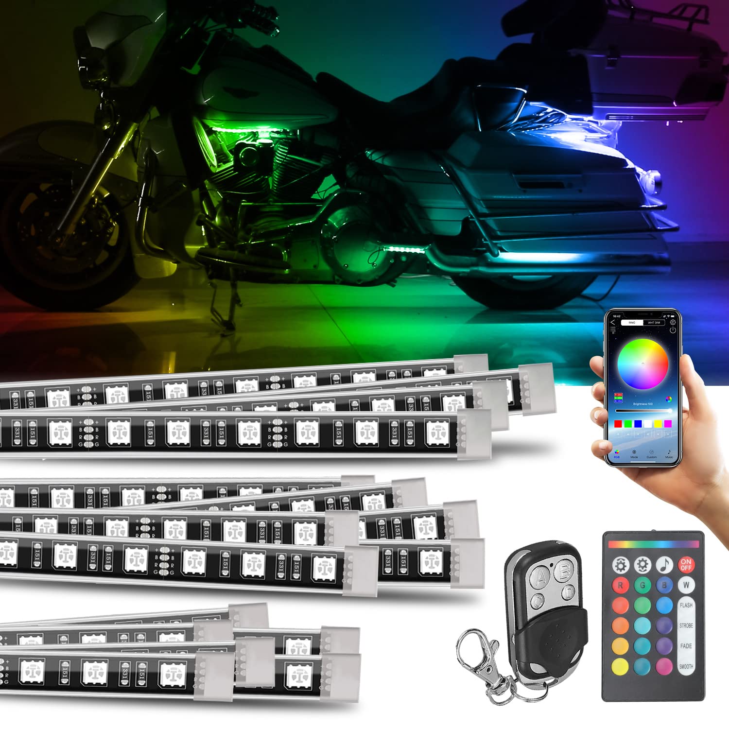 SUNPIE 16PCS Motorcycle Underglow LED Light Kit Waterproof RGB Neon Accent Light Kit with 4Key and 24Key Remote APP Control a