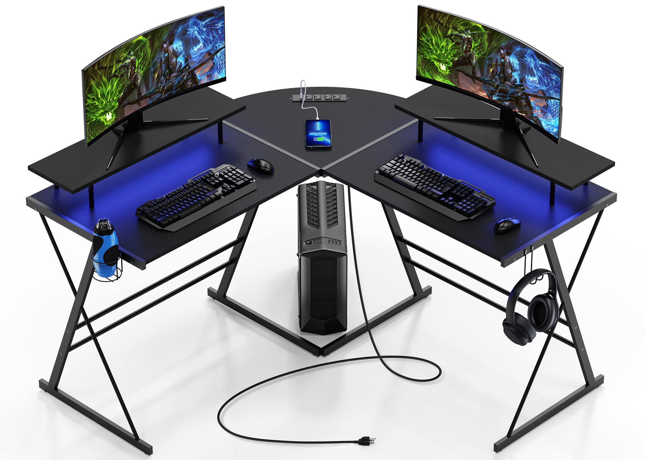 Evajoy Gaming Desk L Shaped Computer Corner Desk 53 Ergonomic Gaming Table with Monitor Stands PC Desk with LED Strips an