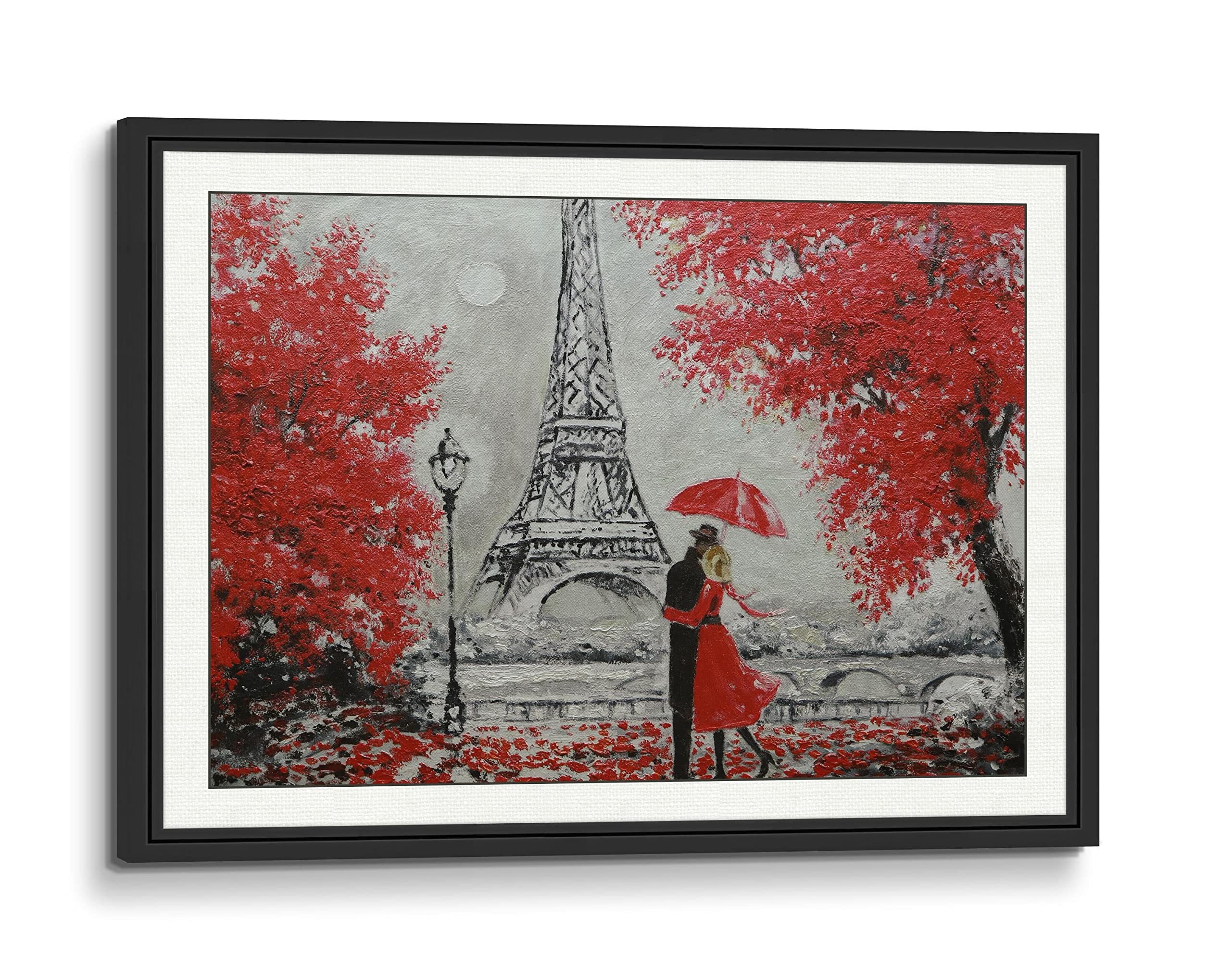 Hand Painted Palette Knife Oil Painting Canvas Wall Art Destination Paris Eiffel Romantic Lovers Red Umbrella Autumn Maple Tr