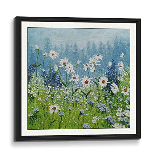 Hand Painted Palette Knife Oil Painting Canvas Wall Art Daisies Field White Flowers Blue Green Scenery Hand Made Framed Matte