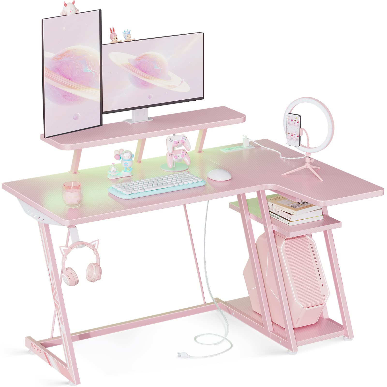MOTPK Pink Gaming Desk L Shaped with LED Lights Computer Gaming Desk 47inch with Power Outlets Gaming Table with PC Storage