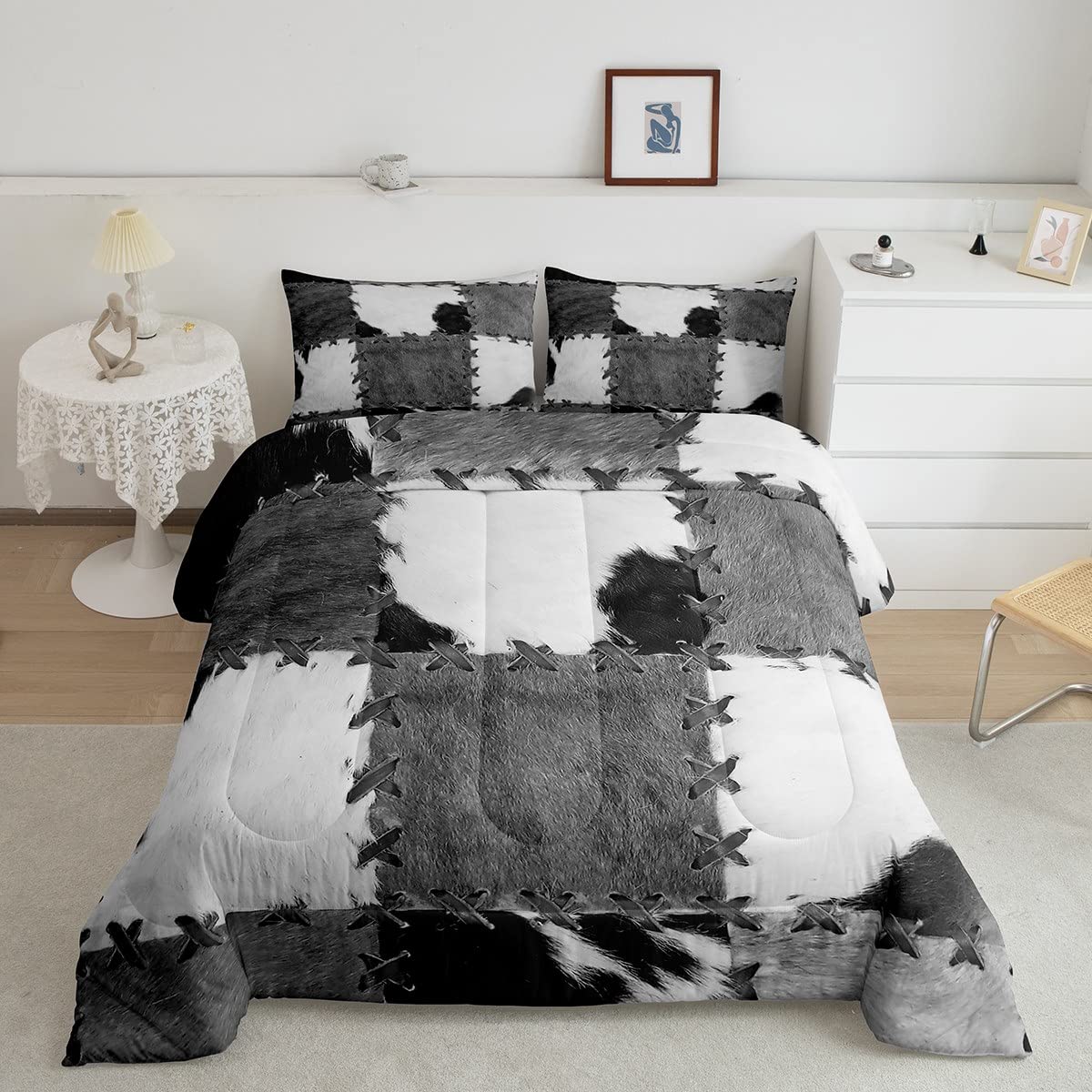 Cowhide Comforter Set King Patchwork Cow Fur Print Duvet Insert For Adult Women Men Teens Farm Animal Bedding Set Western
