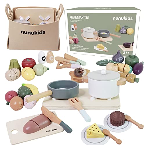 nunukids Wooden Play Food Sets for Kids Kitchen 42 pc Wooden Toys with Storage Basket Wood Pretend Food Play Kitchen Accessor