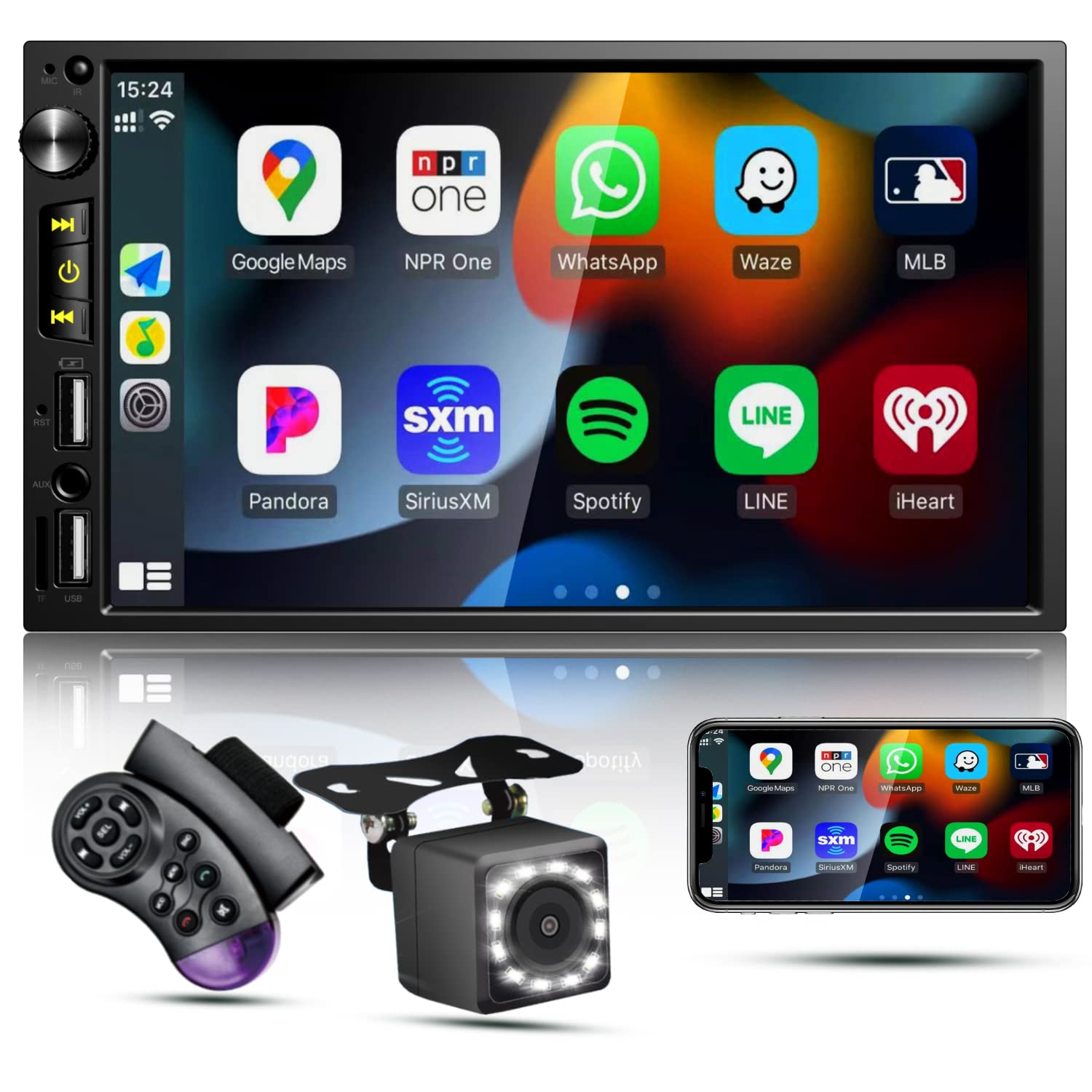Double Din Car Stereo Apple Carplay 7 1024 600 Touch Screen GPS Navigation Bluetooth Car Radio Mirror Link Nigh