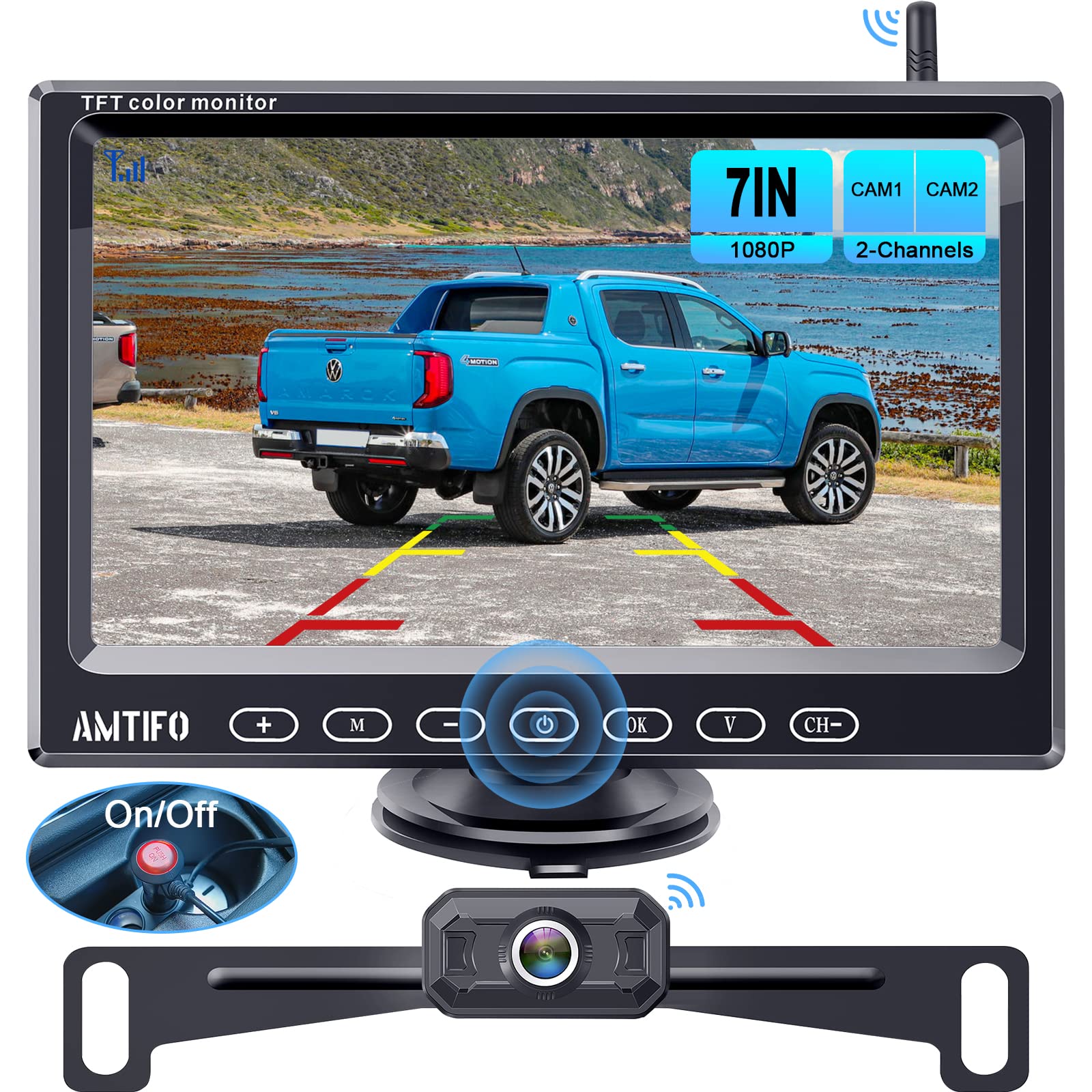 AMTIFO Wireless Backup Camera Car Truck HD 1080P 7 Inch Monitor Easy Install Rear View Camera System 2 Channels Color Night V
