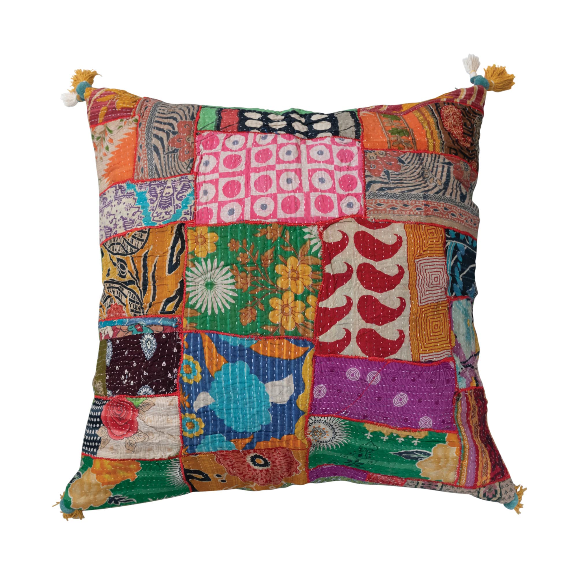 Creative Co-Op Recycled Cotton Kantha Patchwork Throw Tassels Multicolor Pillow Multi