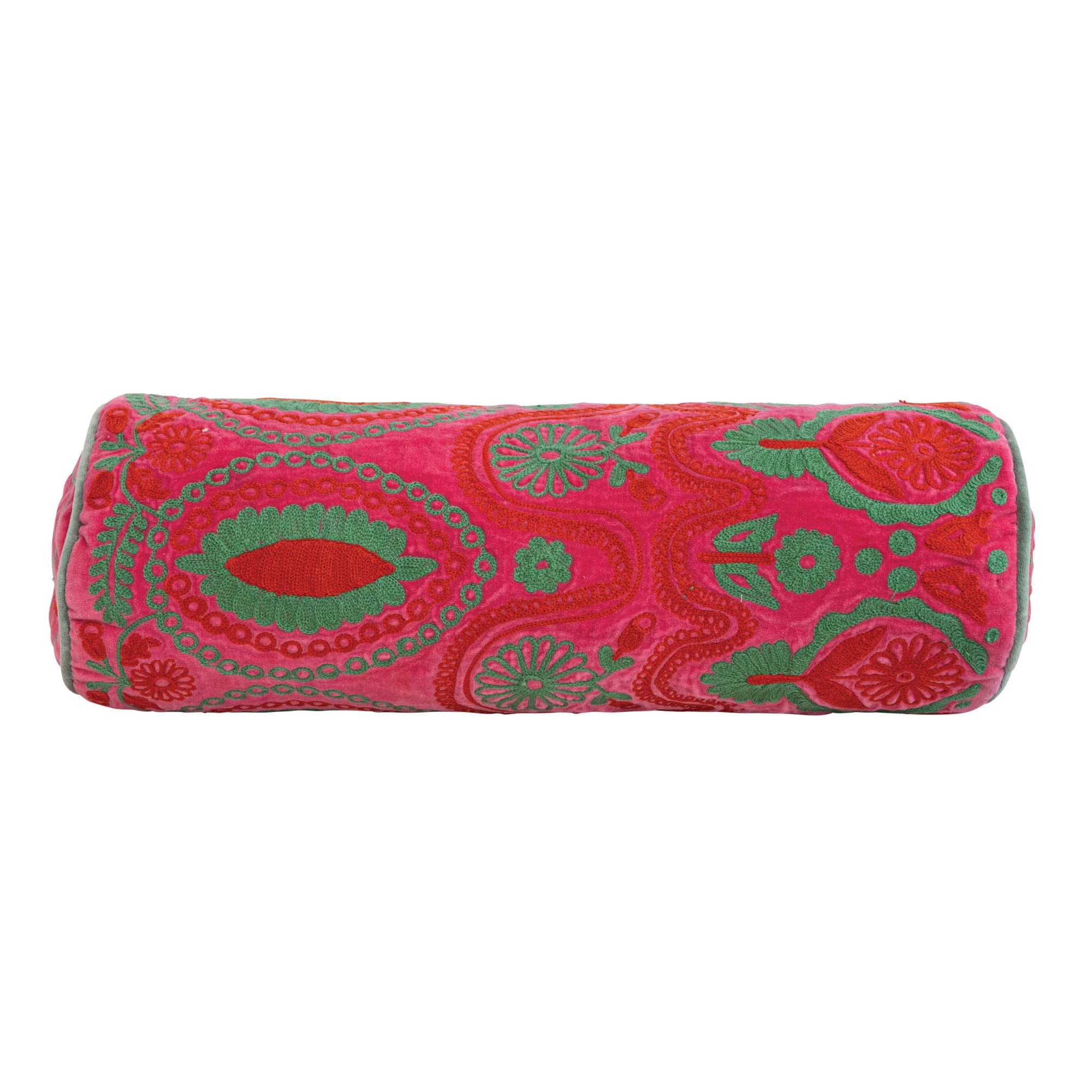 Creative Co-Op Cotton Velvet Bolster Pillow with Floral Embroidery Multicolor Decorative Pillow Red