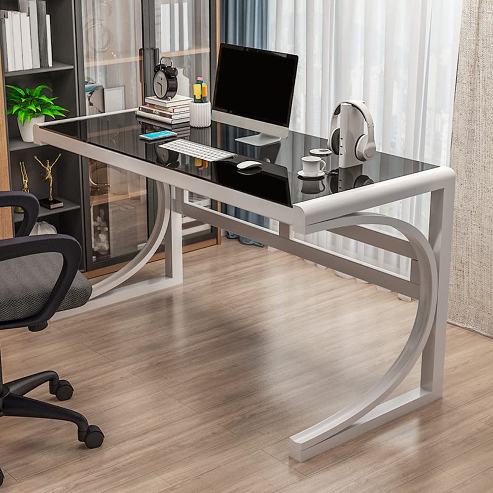 LITFAD Modern Office Desk Tempered Glass Desktop Computer Desk Home Office Study Desk with Metal Legs - 39.4 L x 23.6 W x 2