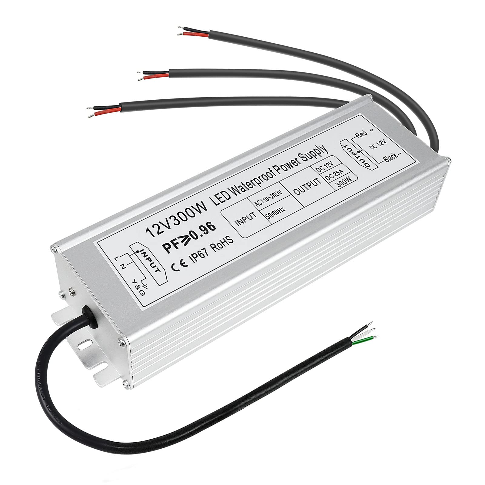 inShareplus 12V 300W LED Power Supply IP67 Waterproof Power Supplies Driver AC 110-260V to DC 12V 25A Low Voltage Output Tr
