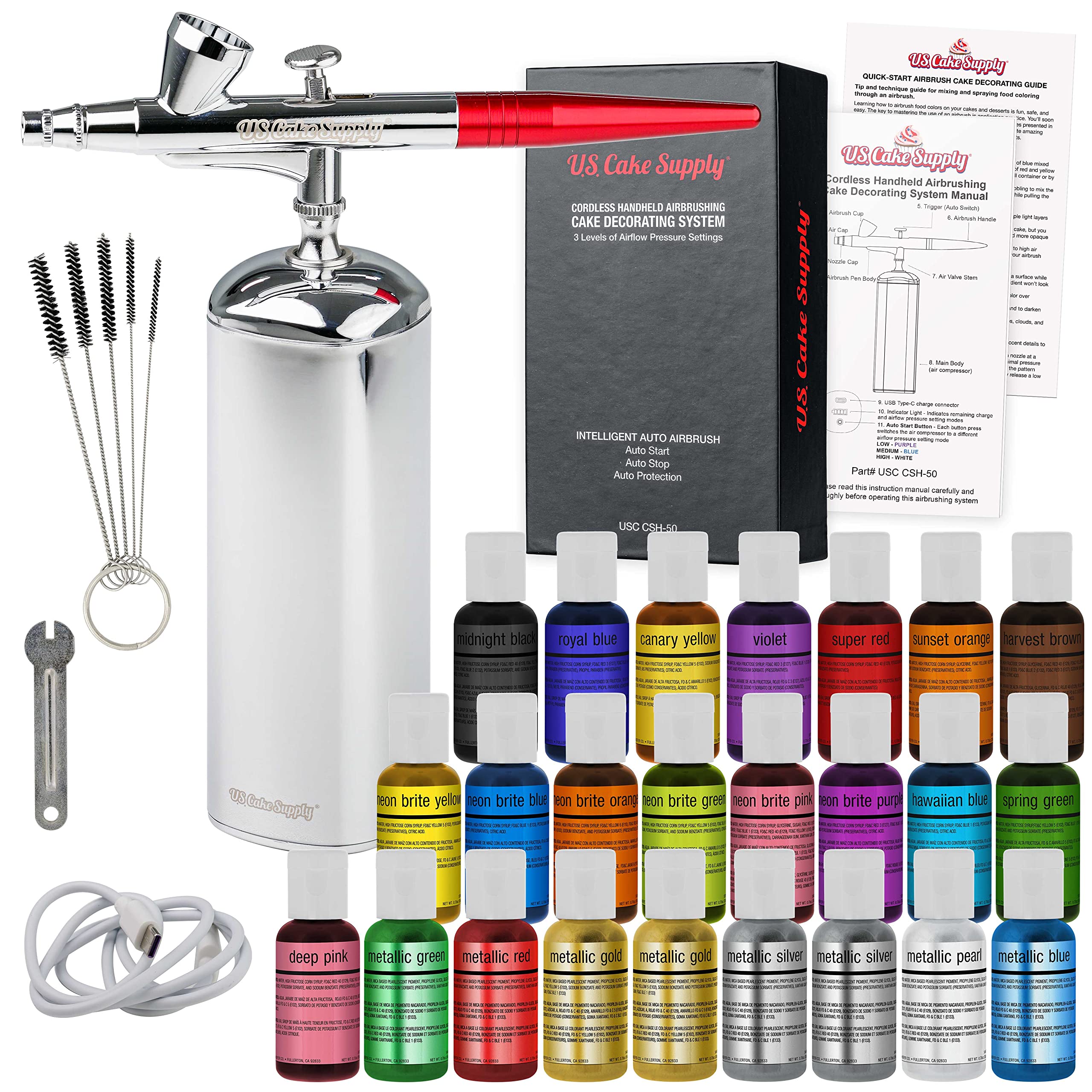 U.S. Cake Supply - Complete Cordless Handheld Airbrush Cake Decorating System Professional Kit with a Full Selection of 24 V