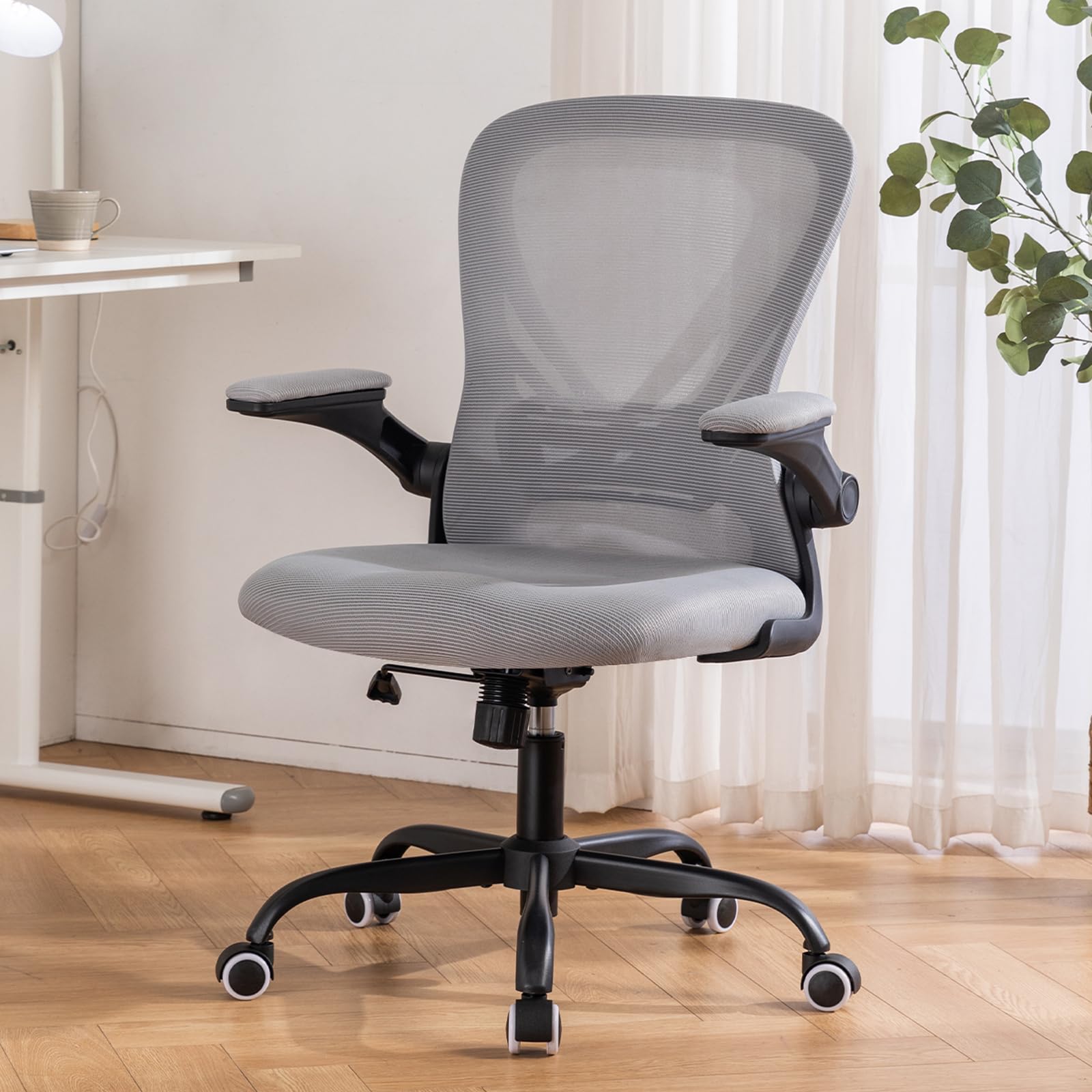 Hramk Office Chair Mid Back Swivel Desk Chair with Flip-up Arms Breathable Mesh Computer Chair Lumbar Support Task Chair wi
