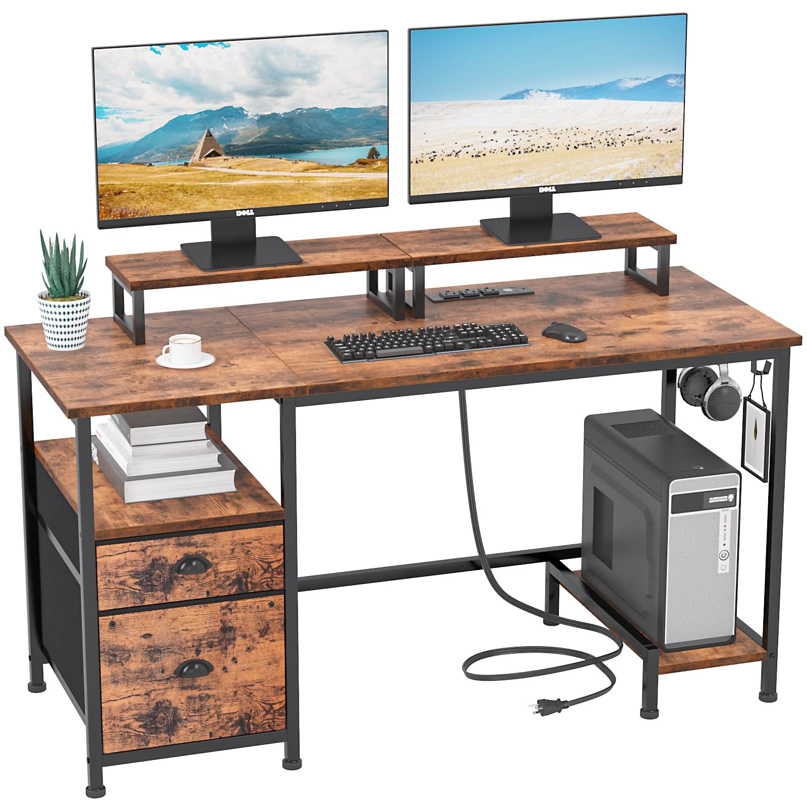 Furologee Computer Desk with Drawer and Power Outlets 47 Office Desk with 2 Monitor Stands and Fabric File Cabinet Writing