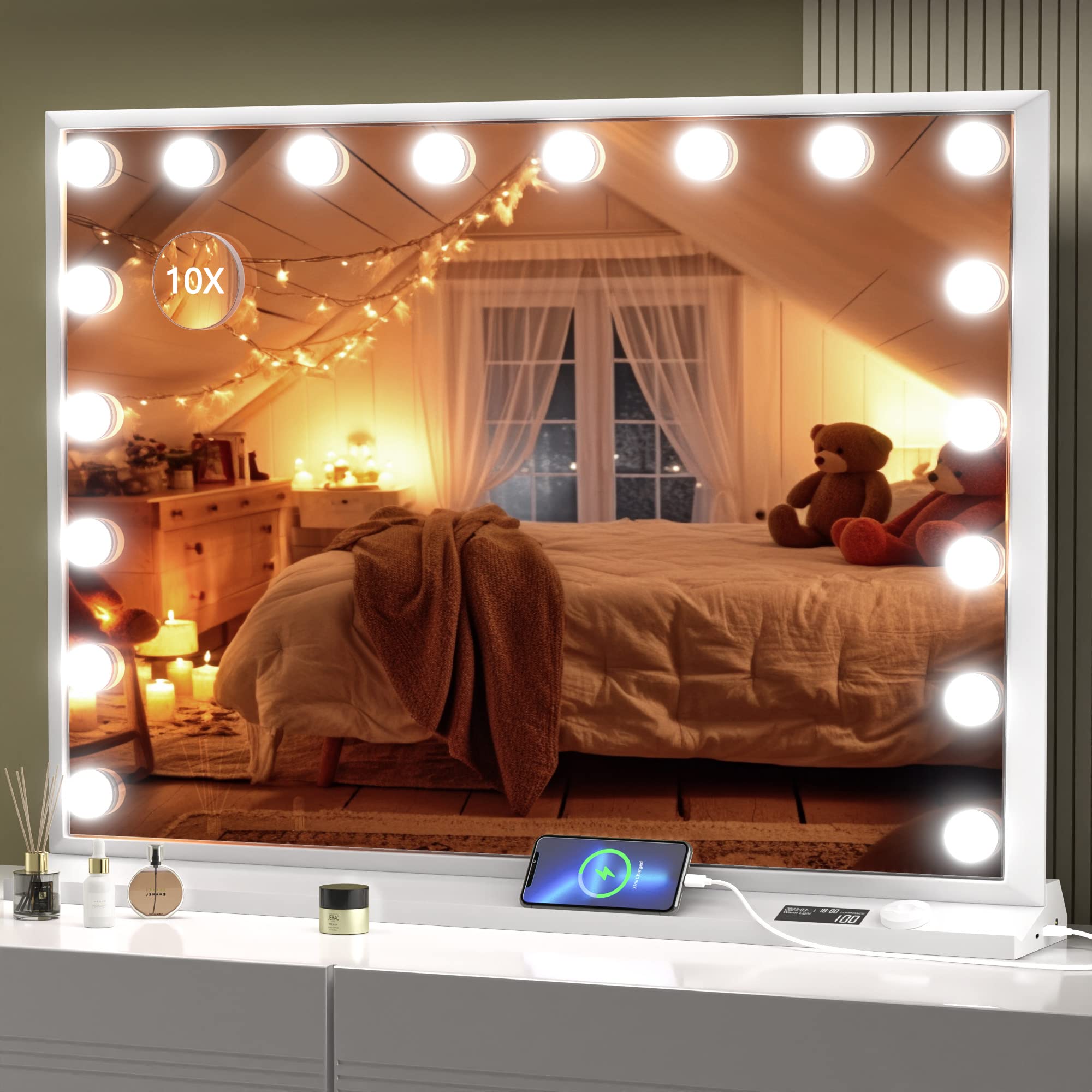 Vosuja Vanity Mirror with Lights 32 x 24 Hollywood Mirror Makeup Mirror with 18 Dimmable Bulbs and 10X Magnification 3 C