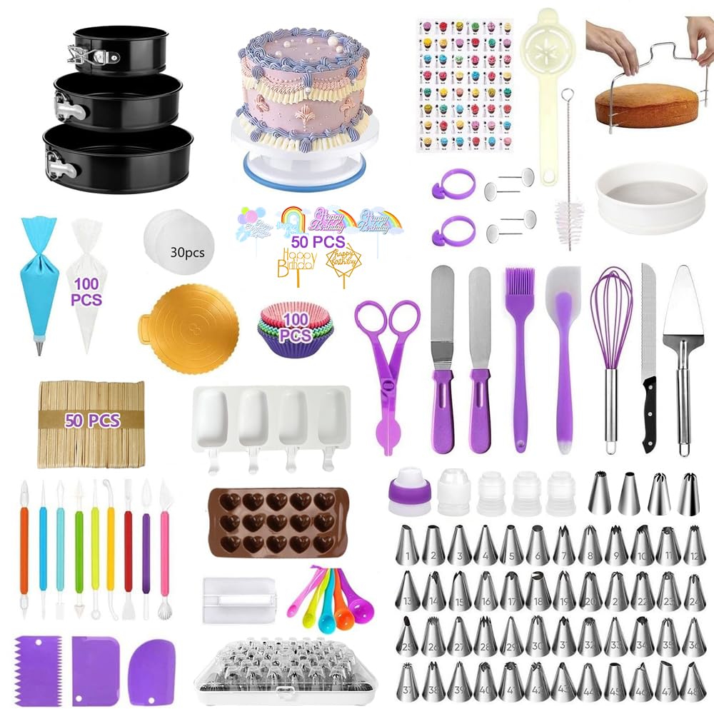 432 PCS Cake Decorating Kit Supplies Basic Baking Tools with Springform Pans Cake Rotating Turntable Stainless Steel Icing