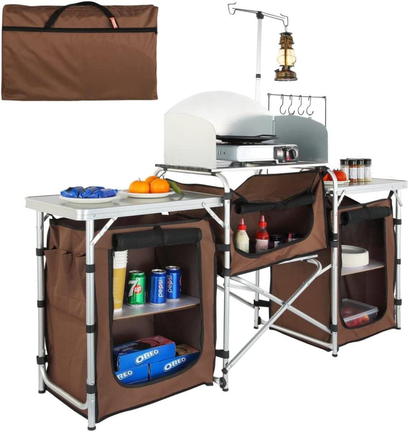 CNAOHGHN Camping Kitchen Table Folding Outdoor Cooking Table with Storage Carrying Bag Aluminum Cook Station 3 Cupboard